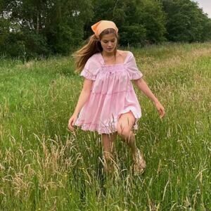 Free People Sadie Denim Tunic Mini Dress in Cotton Candy Pink